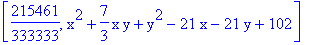 [215461/333333, x^2+7/3*x*y+y^2-21*x-21*y+102]